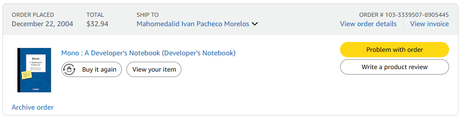 An Amazon MONO.net book order from 2004